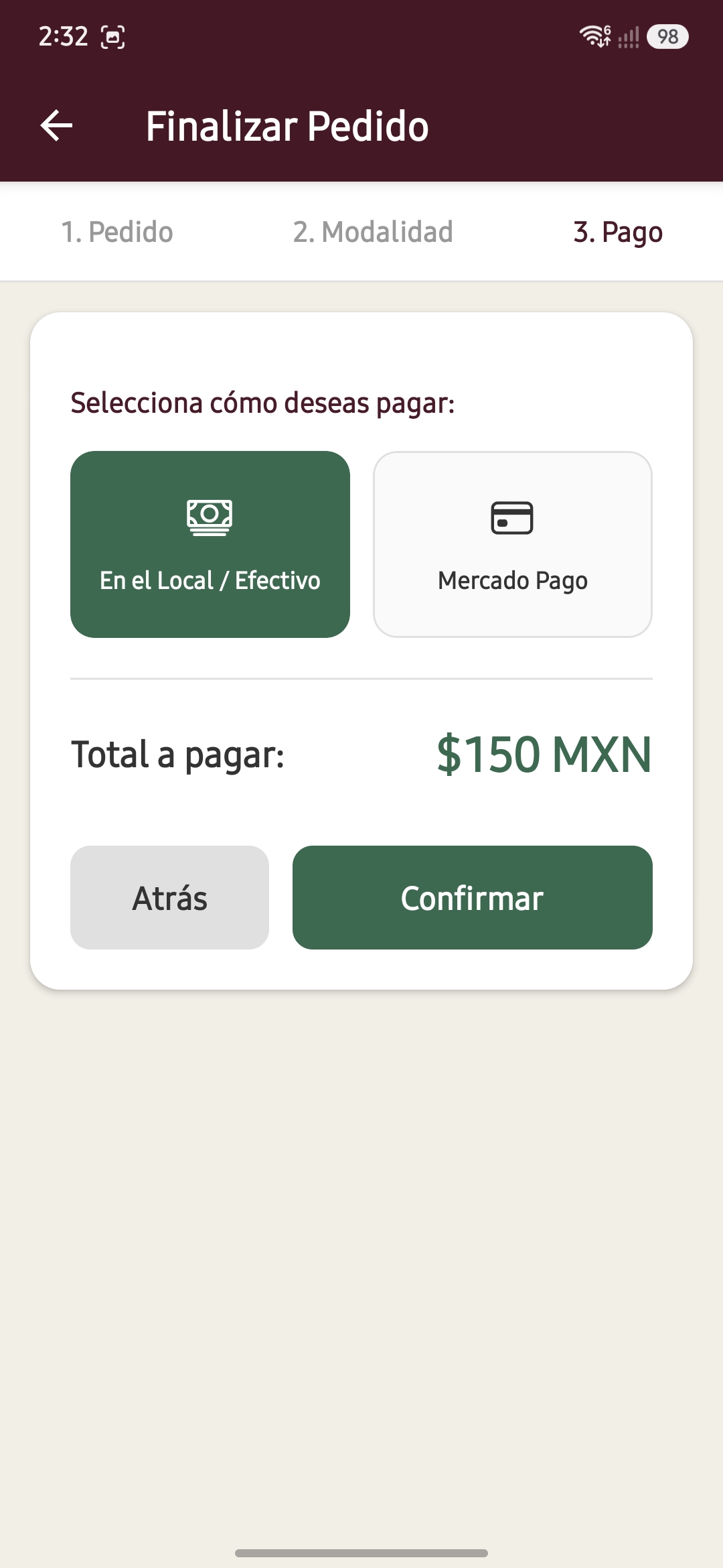 Pantalla de Pago