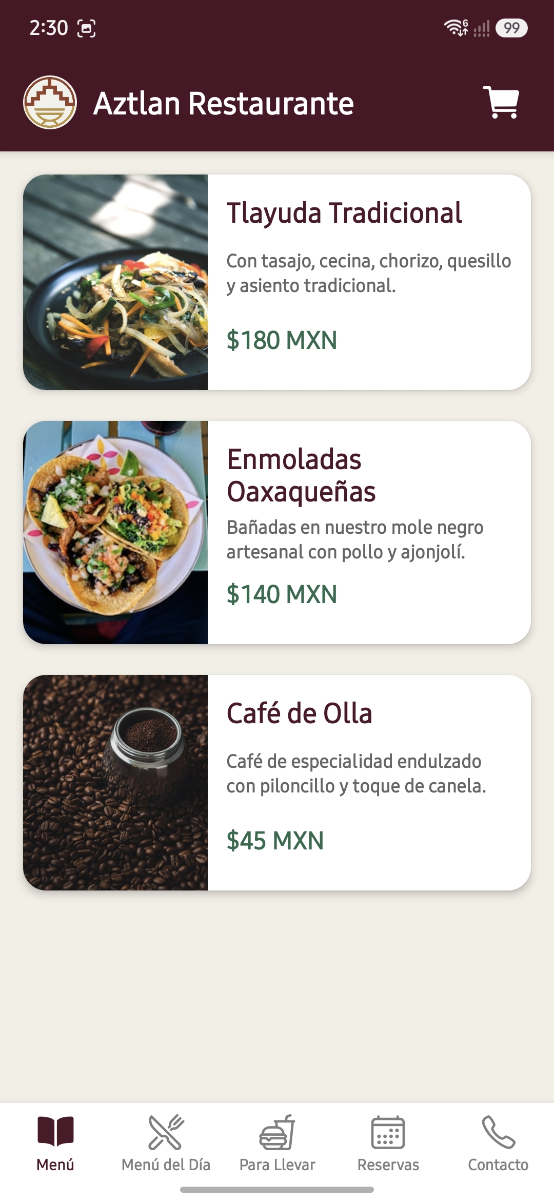 Pantalla de Menú
