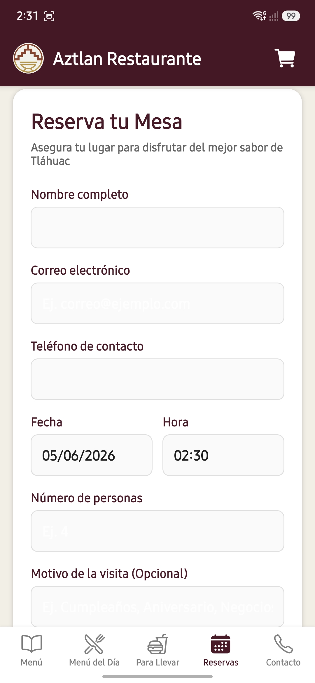 Pantalla de Reservas