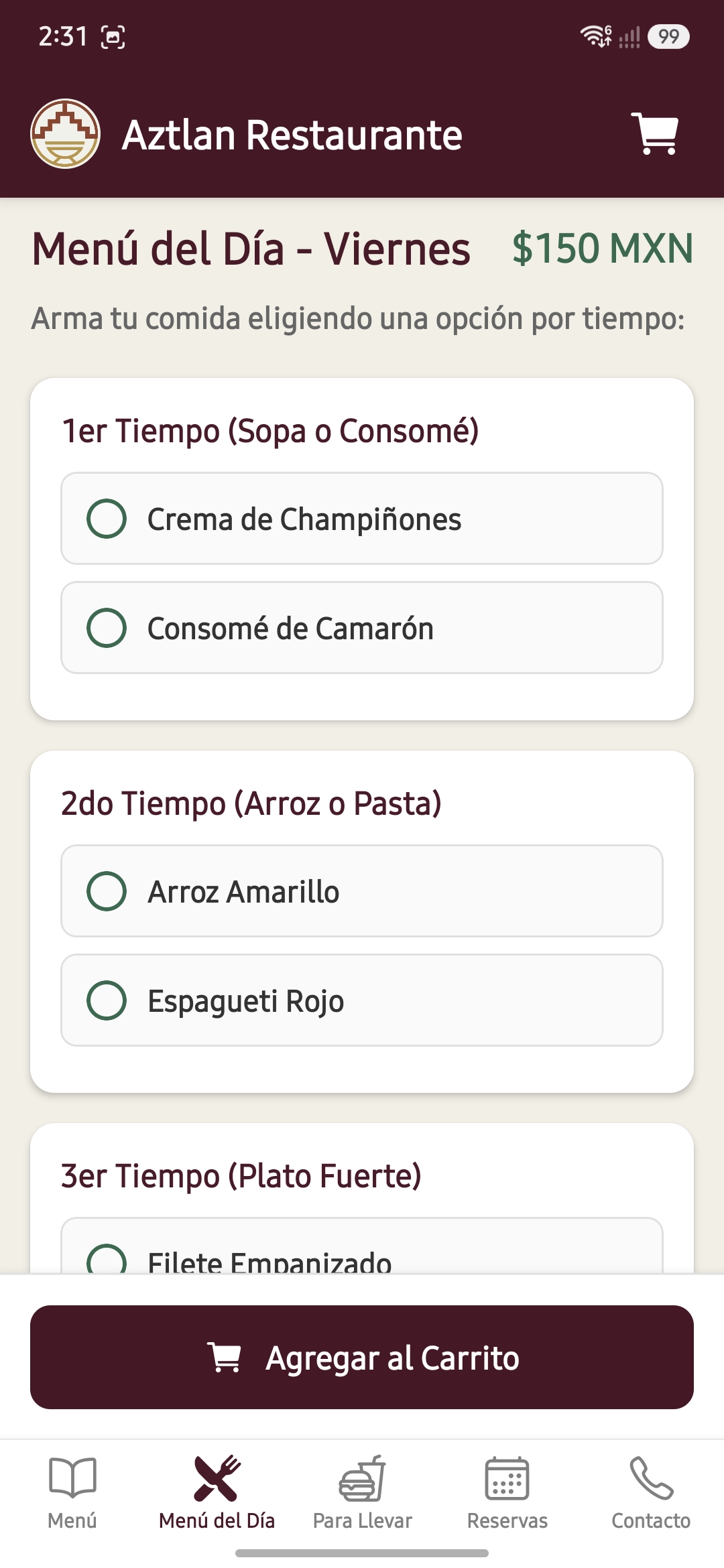 Pantalla de Menú del Dia 