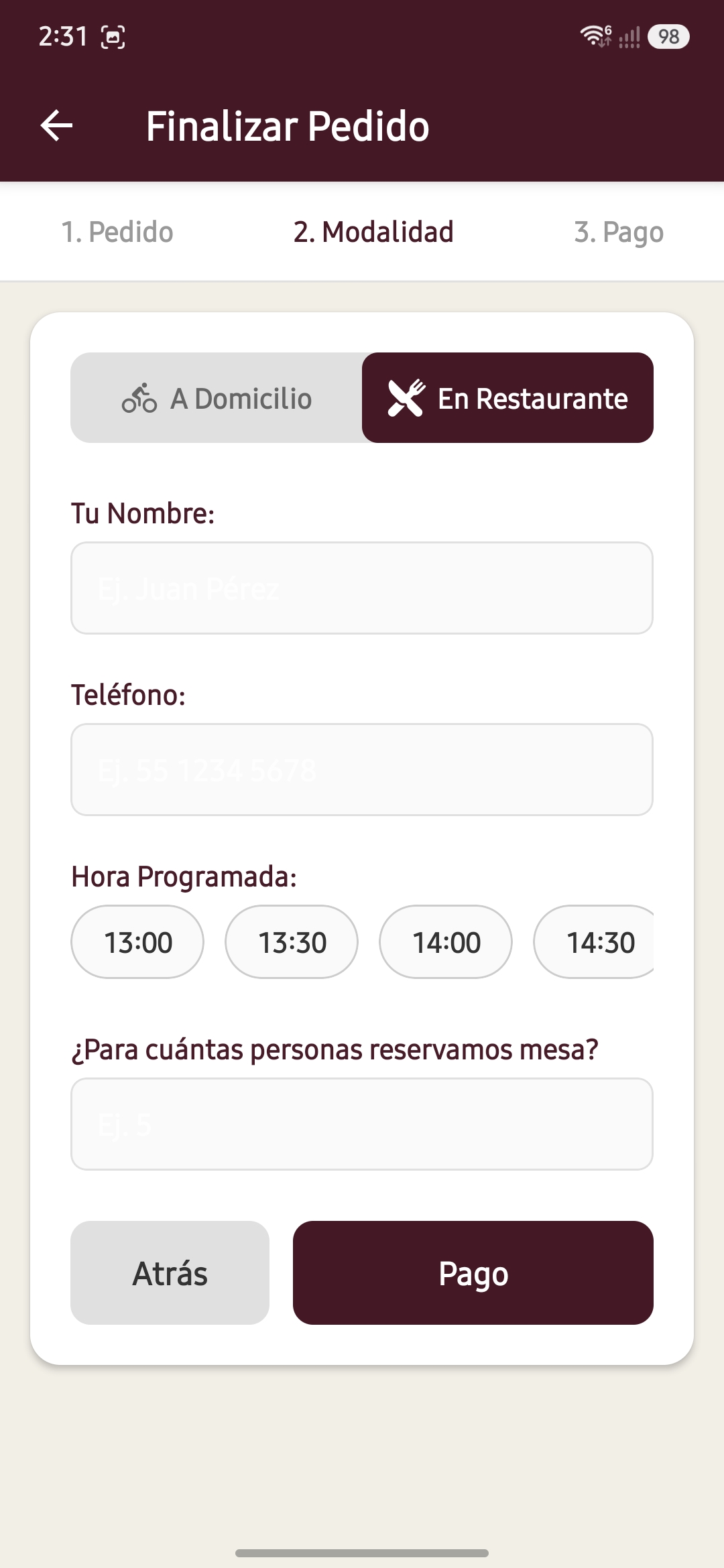 Pantalla de Modalidad