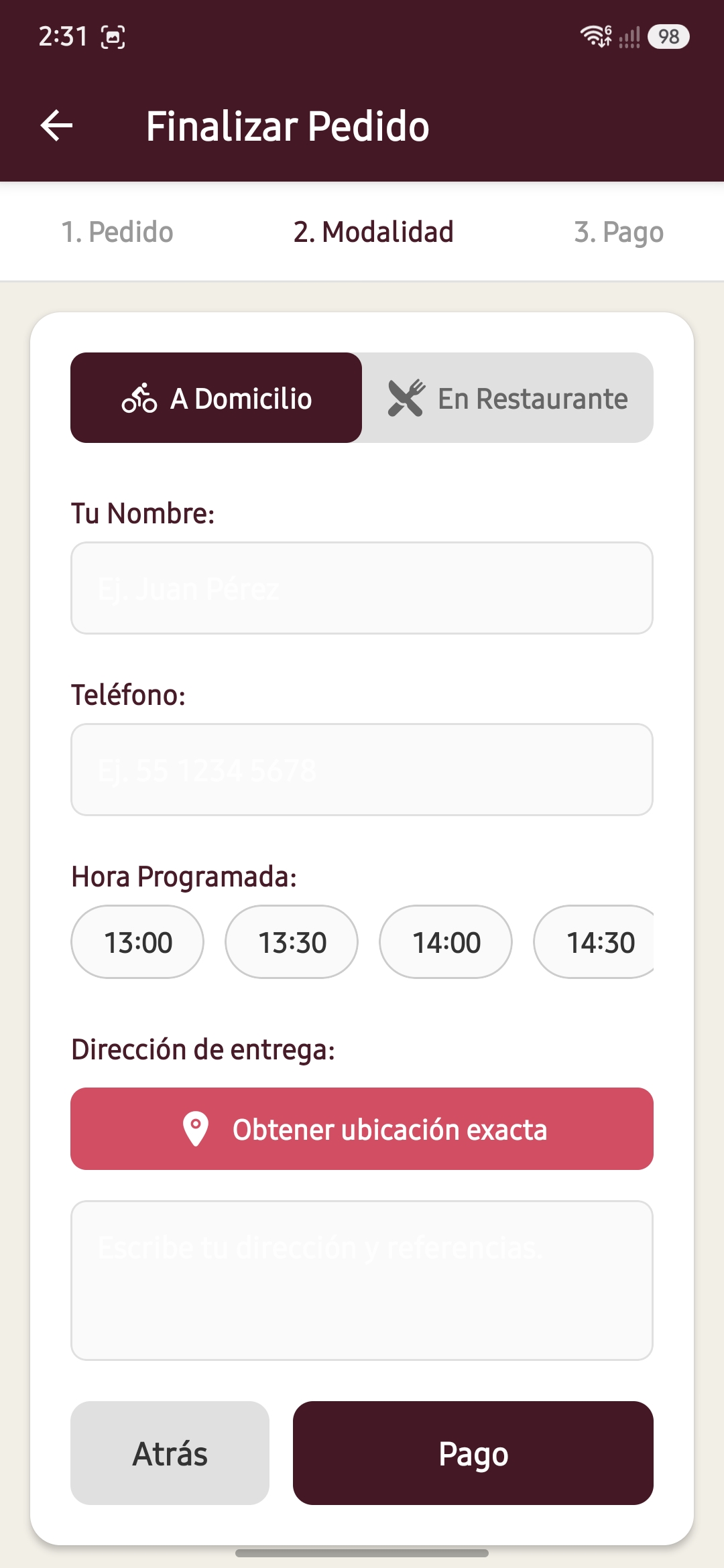 Pantalla de Modalidad